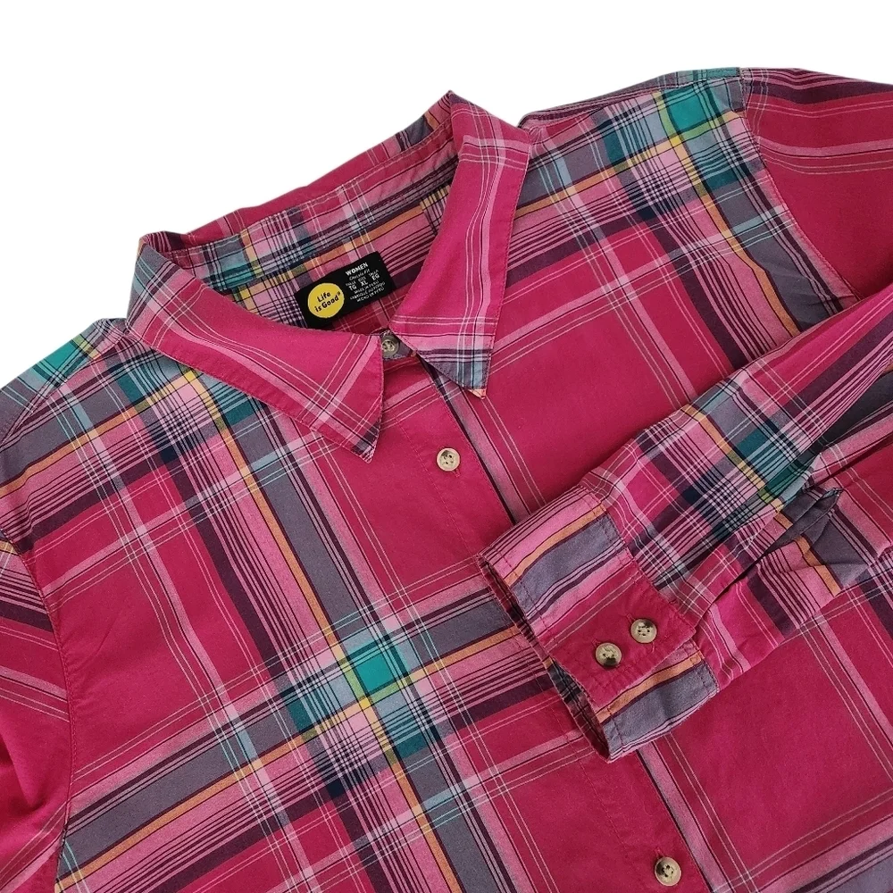LIFE IS GOOD Pink Plaid Button Front Cotton Shirt Relaxed Casual Top xl - Picture 2 of 15